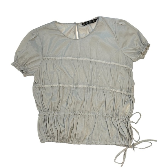 Zara Basics Grey Tie Striped Asymmetrical Short Sleeve Lightweight Top- XS - Picture 6 of 8